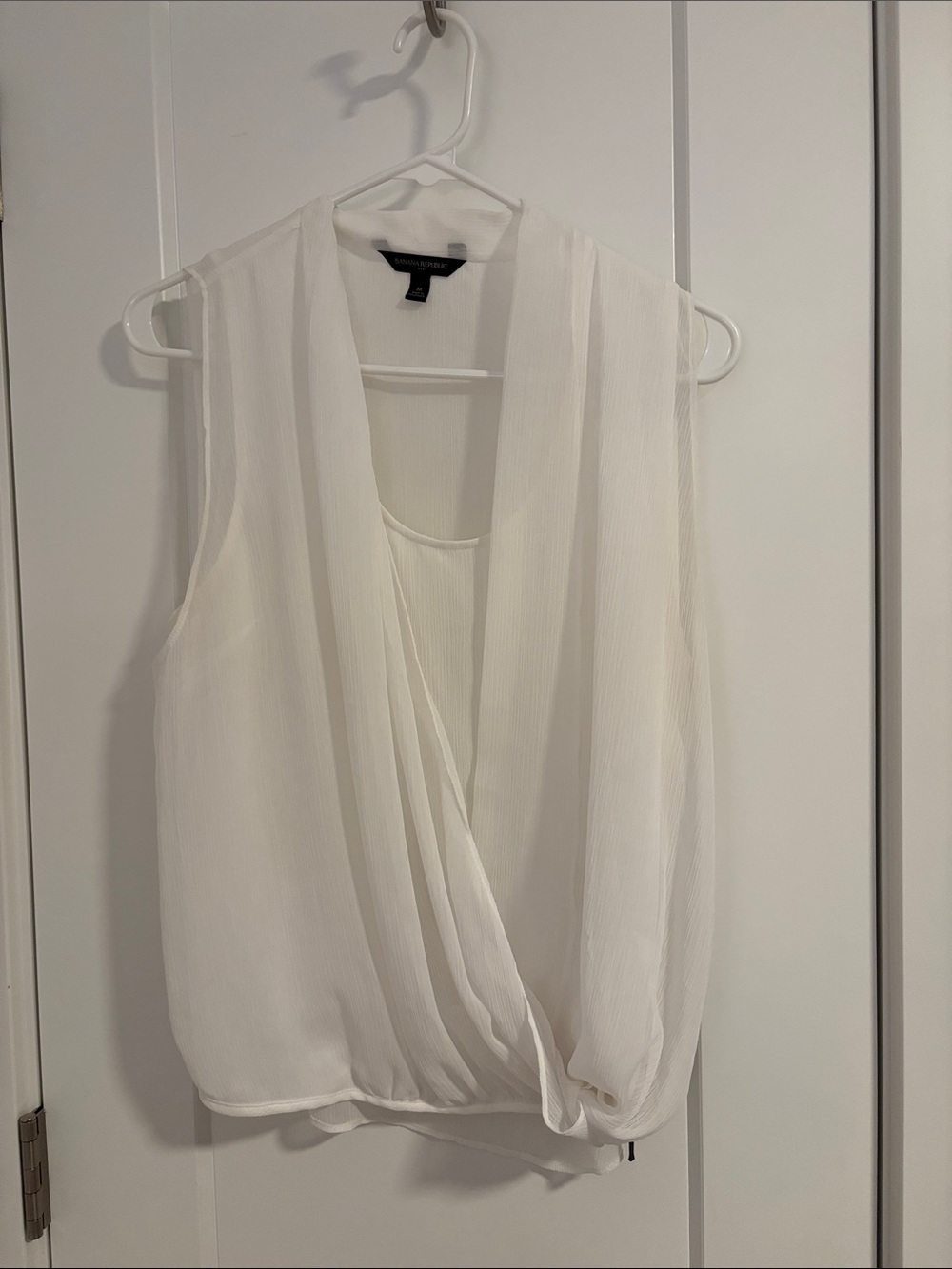 Banana Republic White Sleeveless Draped Surplice Blouse